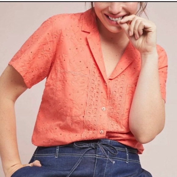 Anthro maeve guayabera eyelet lace coral top 12 - Picture 2 of 8